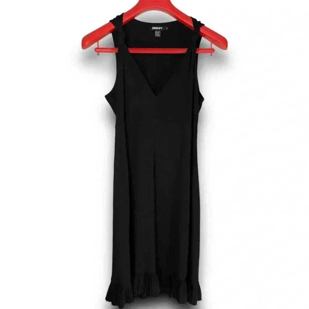 DKNY Vintage Black Sleeveless A-Line V-Neck‎ Dress M Knotted Straps Pleated Trim